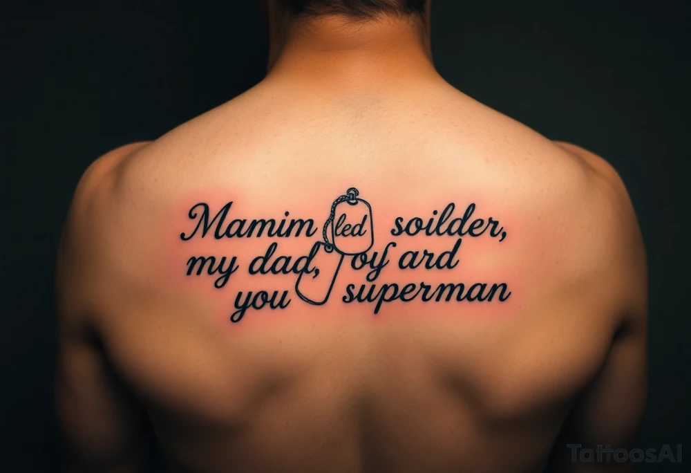 in pencil led draw "Marine soilder, my dad, my superman" inside military dogtags tattoo idea