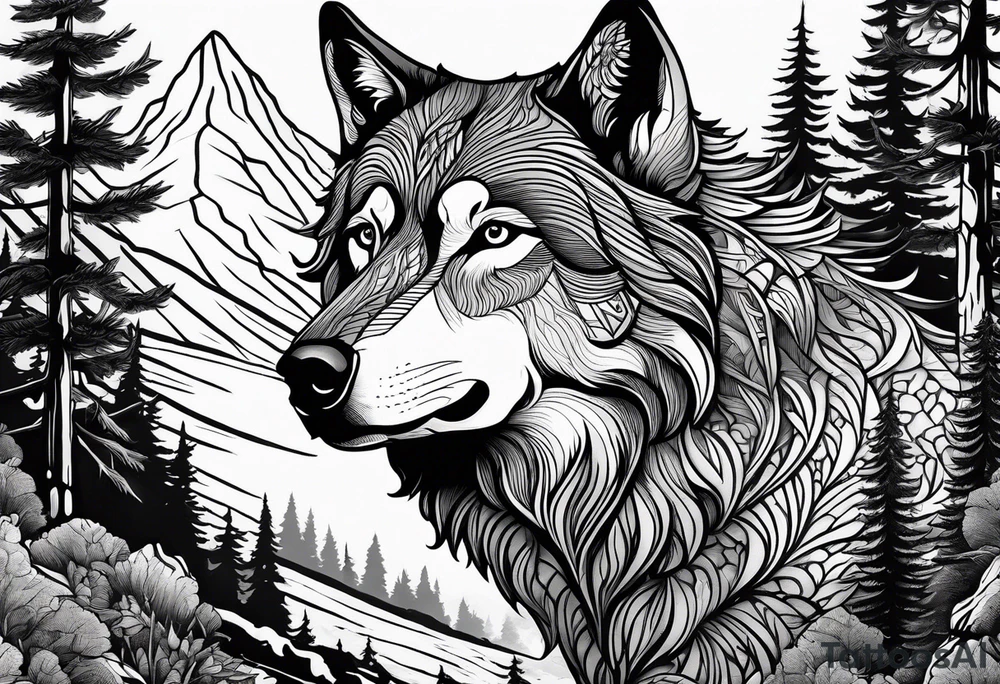 Halber Wolf
Keltische Runen
Vor einen Wald mit Bergen tattoo idea