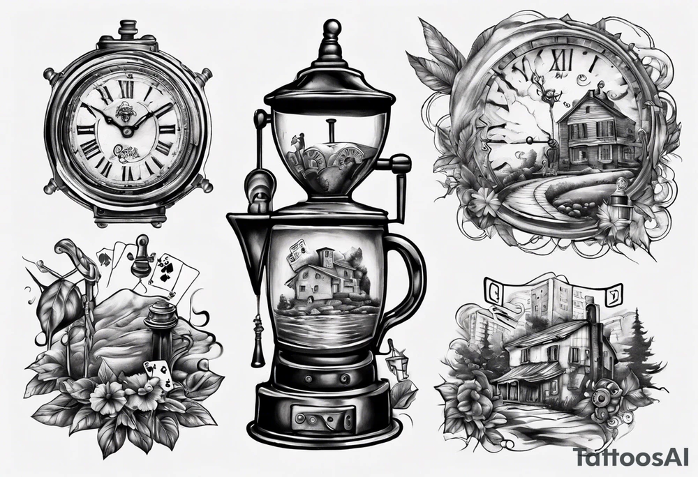 mounting landscape.
In a middle an antique clock at 9:44pm. across the tattoo a cinema film. And on top a game of poker 4 cards. a Grandma's walking stick and 
A real Italian coffee maker. tattoo idea