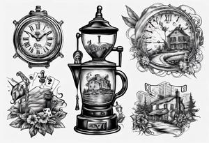 mounting landscape.
In a middle an antique clock at 9:44pm. across the tattoo a cinema film. And on top a game of poker 4 cards. a Grandma's walking stick and 
A real Italian coffee maker. tattoo idea