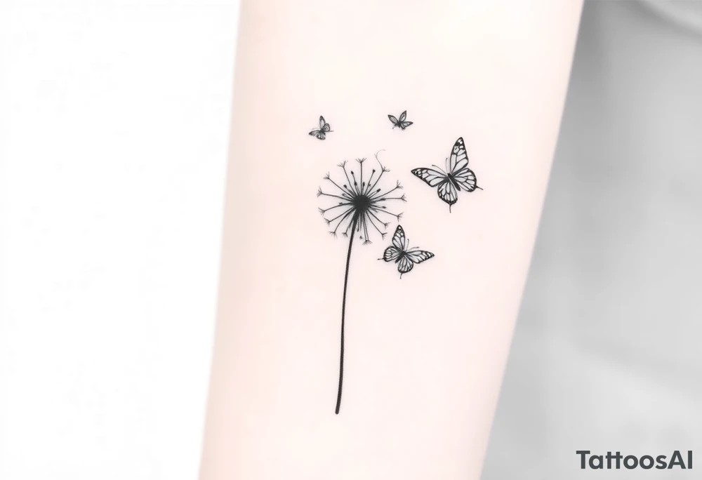 a dandelion and two (2) minimalistic butterflies flying around it. The course of the butterflies is shown tattoo idea