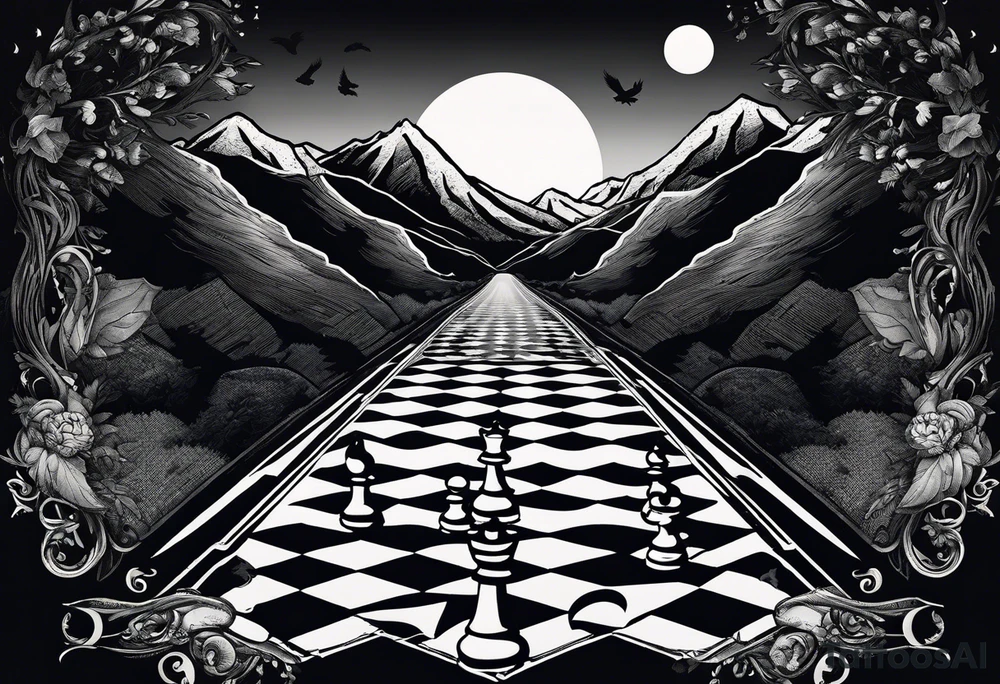 chessboard as a road in the mountains, it’s dark and misty with the moon and ravens in the sky. tattoo idea