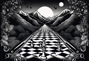 chessboard as a road in the mountains, it’s dark and misty with the moon and ravens in the sky. tattoo idea