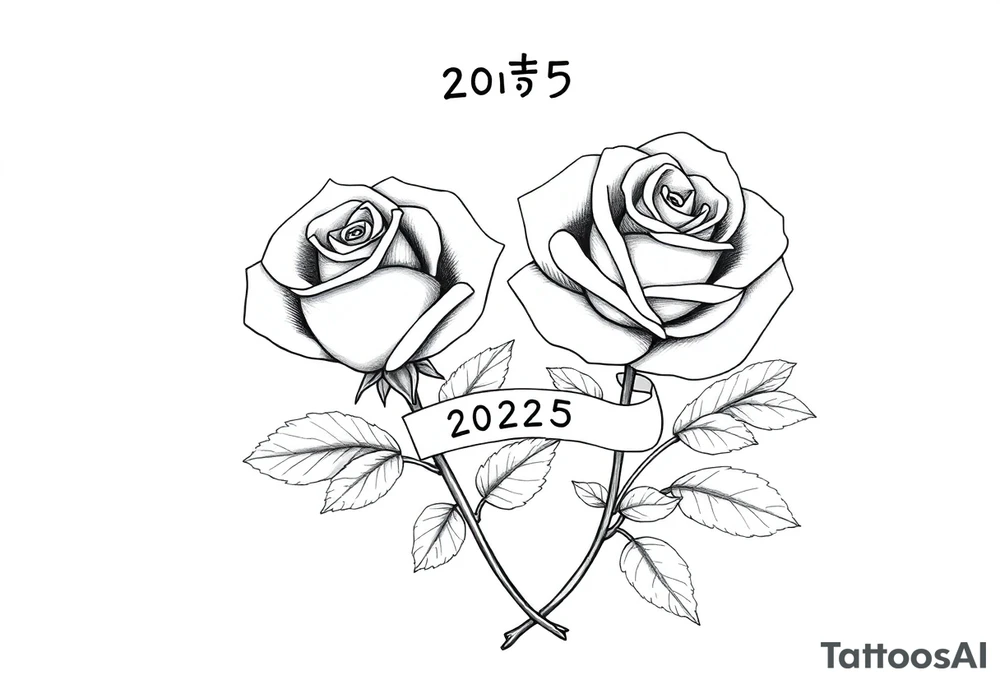 two beautiful large rose buds, one larger than the other, with many leaves next to the rose buds, with one sitting higher than the other. Include a banner connecting the two roses with "2025" on it.  The word "Rose" written in Kanji above the drawing.  Use dark outlines with little shading. The two stems should be short, not long, and connect and join into one stem, whimsically curved or twisted - not straight down. tattoo idea