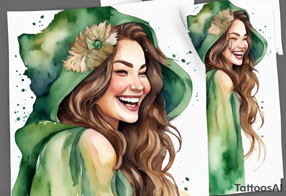 a watercolor of a curvy woman with long brown hair and light brown skin and green eyes wearing a fur cloak laughing tattoo idea