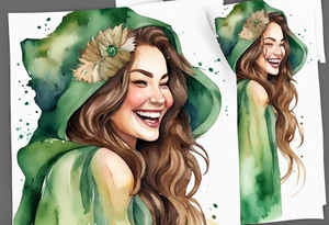 a watercolor of a curvy woman with long brown hair and light brown skin and green eyes wearing a fur cloak laughing tattoo idea