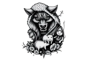 Big bad wolf nursery rhyme wearing a sheep costume with sheep head as hood and eat the three little pigs and little red riding hood in the woods tattoo idea