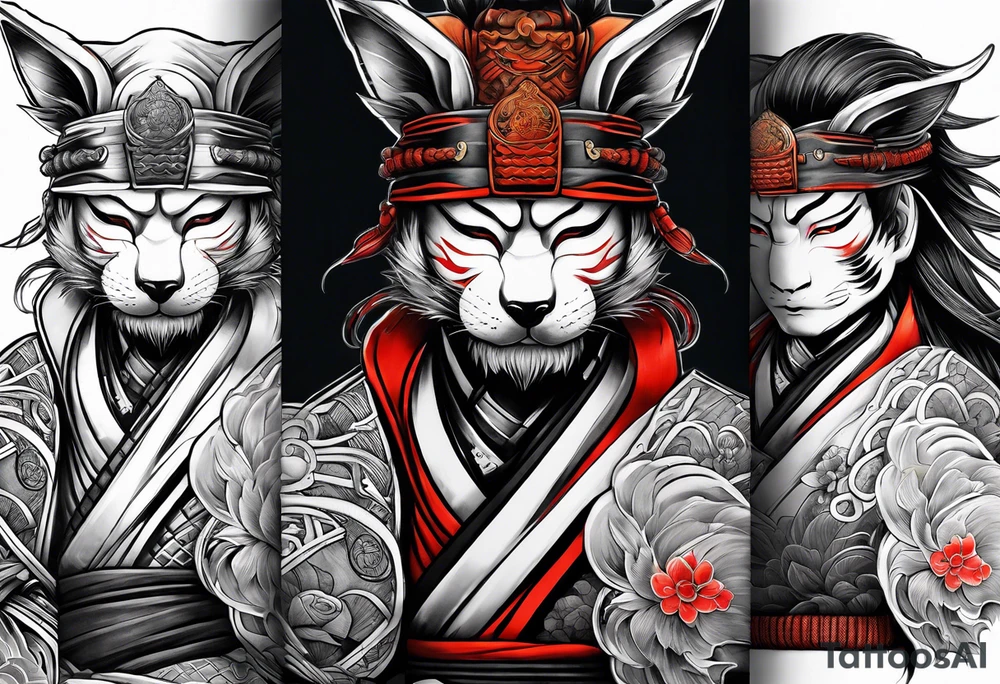 Samurai full sleeve with kitsune mask tattoo idea