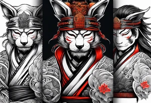 Samurai full sleeve with kitsune mask tattoo idea