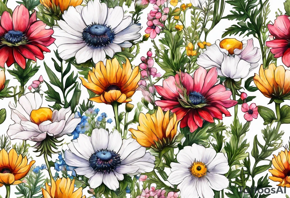 wildflowers cascading with thistles, ferns, white anemones, sun flowers, buttercups, pink flowers, red flowers, babys breath and daisies all in watercolor tattoo idea