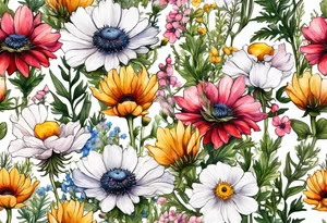 wildflowers cascading with thistles, ferns, white anemones, sun flowers, buttercups, pink flowers, red flowers, babys breath and daisies all in watercolor tattoo idea