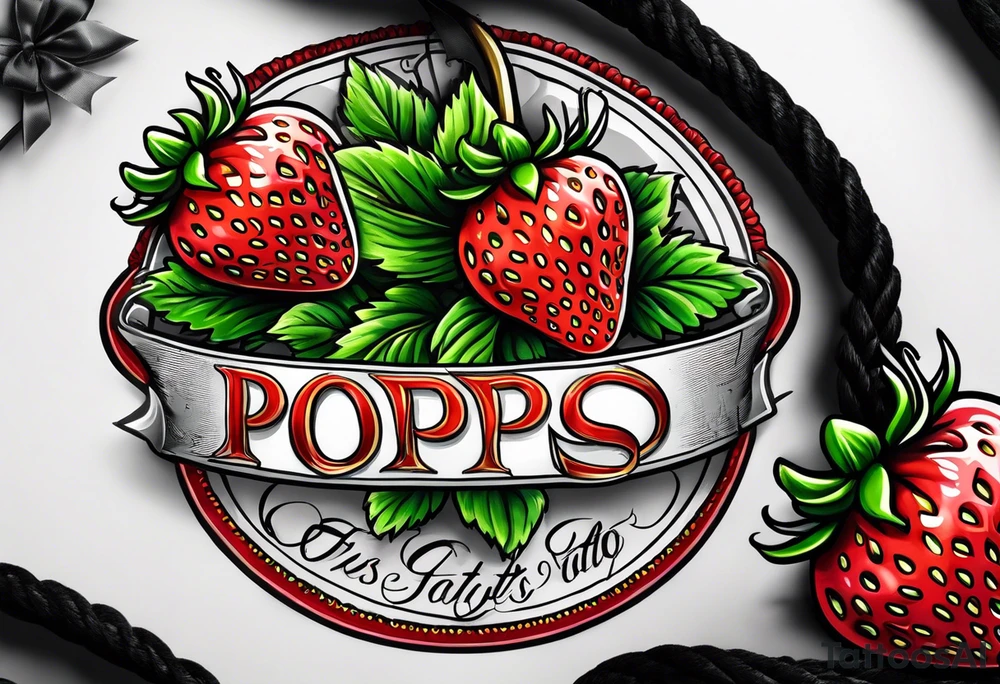 traditional  Strawberry with banner across it that says Pops tattoo idea