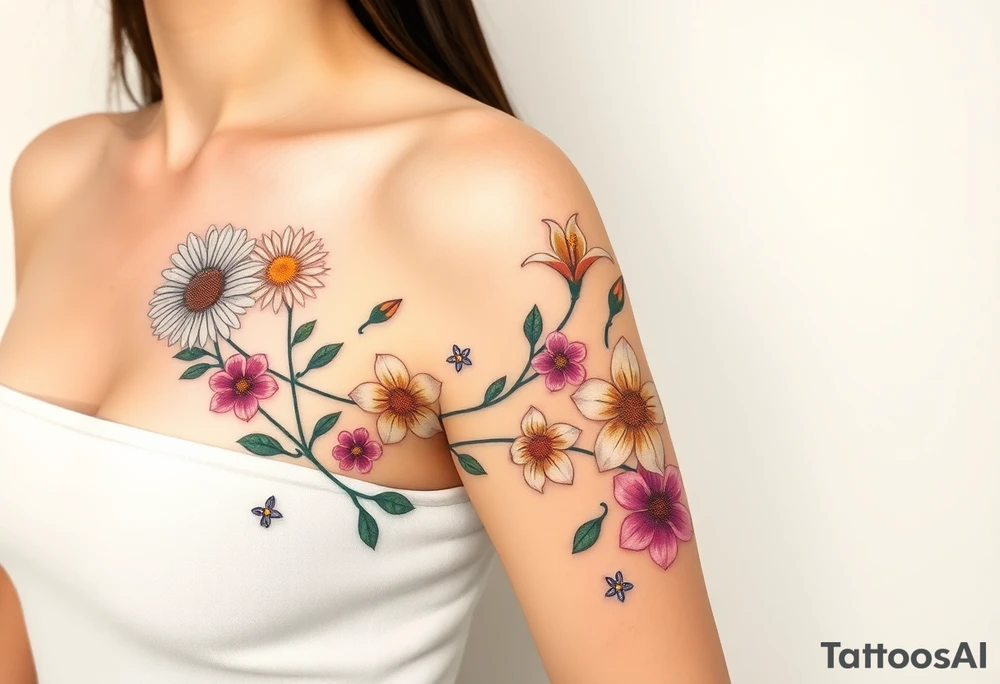 This is a tattoo of a string of flowers in bloom and is on a woman. It starts on her left side of the chest on the pectoral with a Glaiolus and Daisy pushed together. The tattoo rises over the left shoulder and down the arm and ends at the elbow. The tattoo will feature a primroses, Calla Lilys, and Lillys. They can have multiple flowers but 1 of each will pop with shading and be colored in. tattoo idea