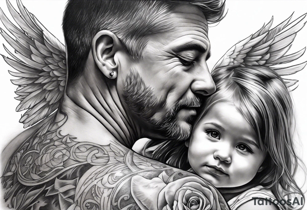 Tattoo of father holding his daughter.  As an angel (RIP) Daddy loved music tattoo idea