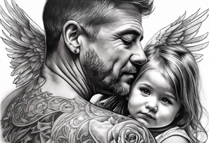 Tattoo of father holding his daughter.  As an angel (RIP) Daddy loved music tattoo idea