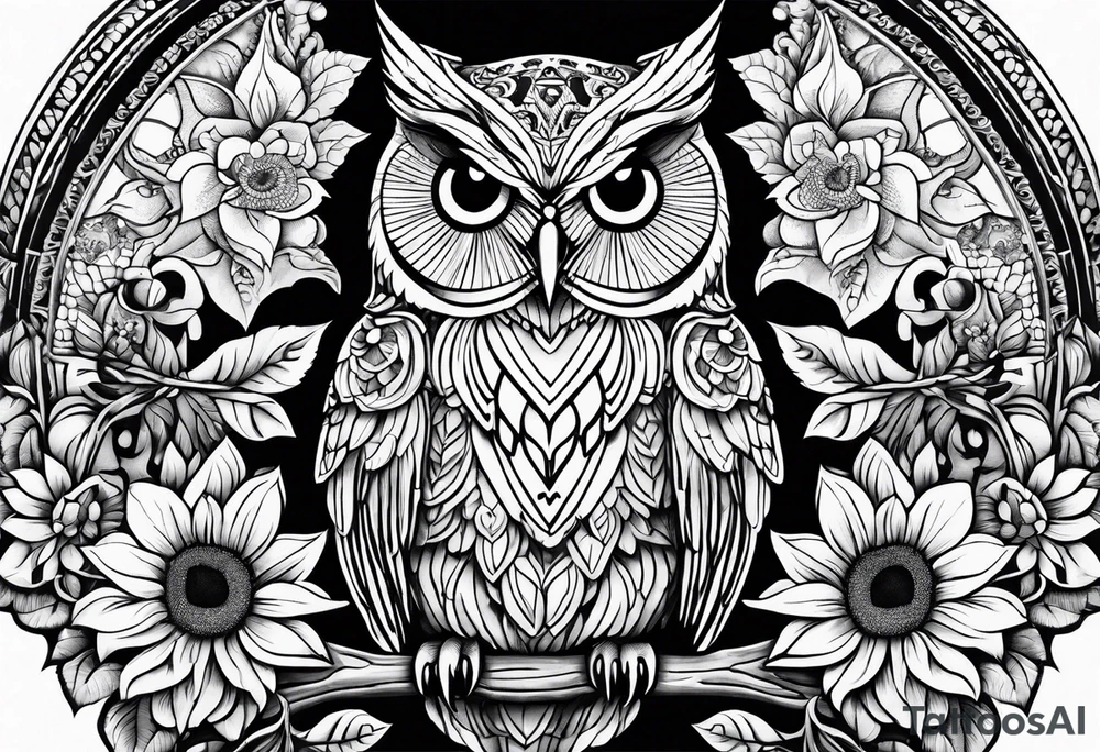 Owl, sunflower and butterfly tattoo idea
