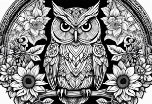 Owl, sunflower and butterfly tattoo idea