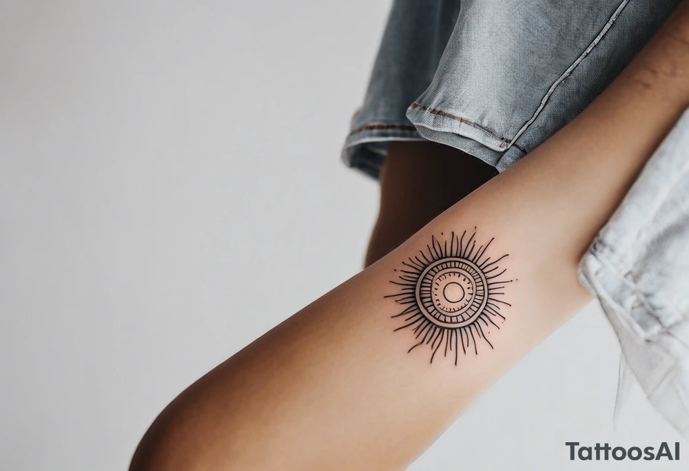 a mixture of minimalist/fine line/tribal/abstract
 tattoo design that is mainly minimalist with fine lines. unique Design of the sun that resembles a connection to the sun. It further resembles the sun's energy. Make it simple to draw and focus on the rays of sunshine
unique shape
simple design
mo tattoo idea