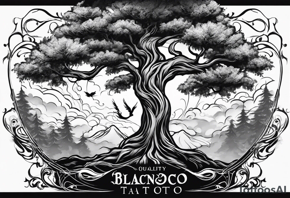 Full arm sleeve tatto with a tree with roots, the last name blanco, and a pheonix rising above the tree and the name blanco tattoo idea