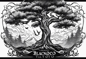 Full arm sleeve tatto with a tree with roots, the last name blanco, and a pheonix rising above the tree and the name blanco tattoo idea