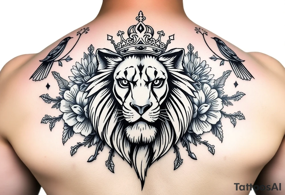 powerful majestic lion with a crown, surrounded by floral ornaments and birds tattoo idea