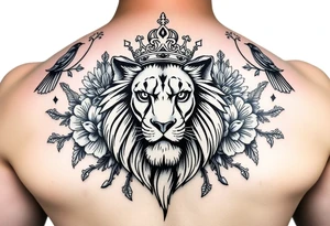 powerful majestic lion with a crown, surrounded by floral ornaments and birds tattoo idea