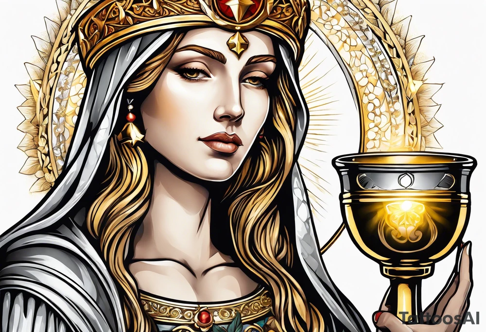 holy saint woman with golden halo holding a chalice tattoo idea