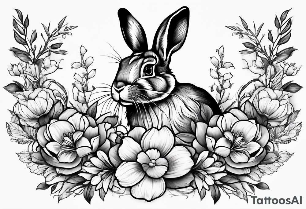 Realistic rabbit head and flowers tattoo idea