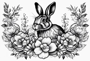 Realistic rabbit head and flowers tattoo idea