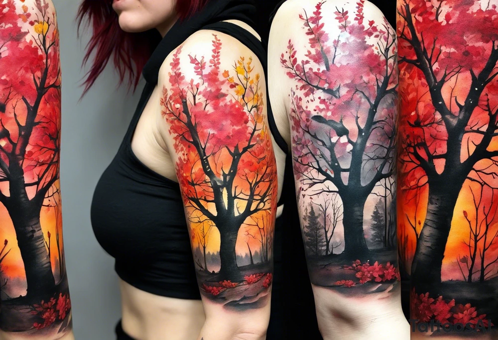 trash polka style. Arm tattoo. chest tattoo. Long tattoo. large tattoo. Full sleeve. Shoulder. A single large maple tree with red autumn leaves that branches upwards from wrist to shoulder. White-throated dipper bird on the trees branches. Calluna flowers at the base of the trees stem. Tree stem has dark colors. Red/yellow sunset behind the trees stem. Leaves falling. tattoo idea