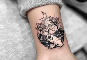 a koi fish swimming UPstream in a pond moonlight by the full moon with a sakura tree by the pond tattoo idea