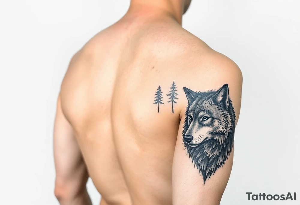 Night time forest scene arm sleeve with a wolf on the right arm tattoo idea