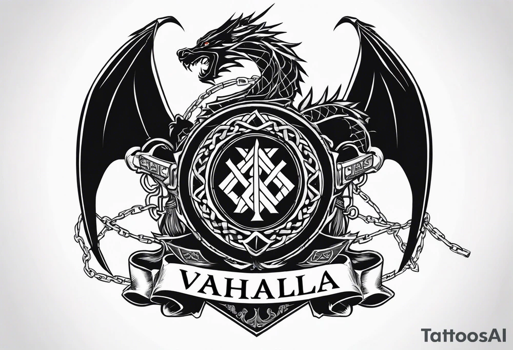 Valhalla sword shield dragon axe Valknut barbed wire chains tattoo idea Valhalla sword shield dragon axe Valknut barbed wire chains tattoo idea