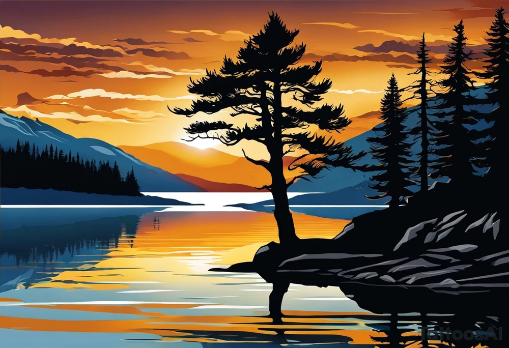 Sleeve tattoo windswept pine tree before lake with low hills on far side of lake. Mastiff silhouette in the foreground. with a dock coming out from the shore. Canadian shield. 
Include the words: "If the sun refused to shine
I would still be loving you
When mountains crumble to the sea
There will still be you and me" tattoo idea