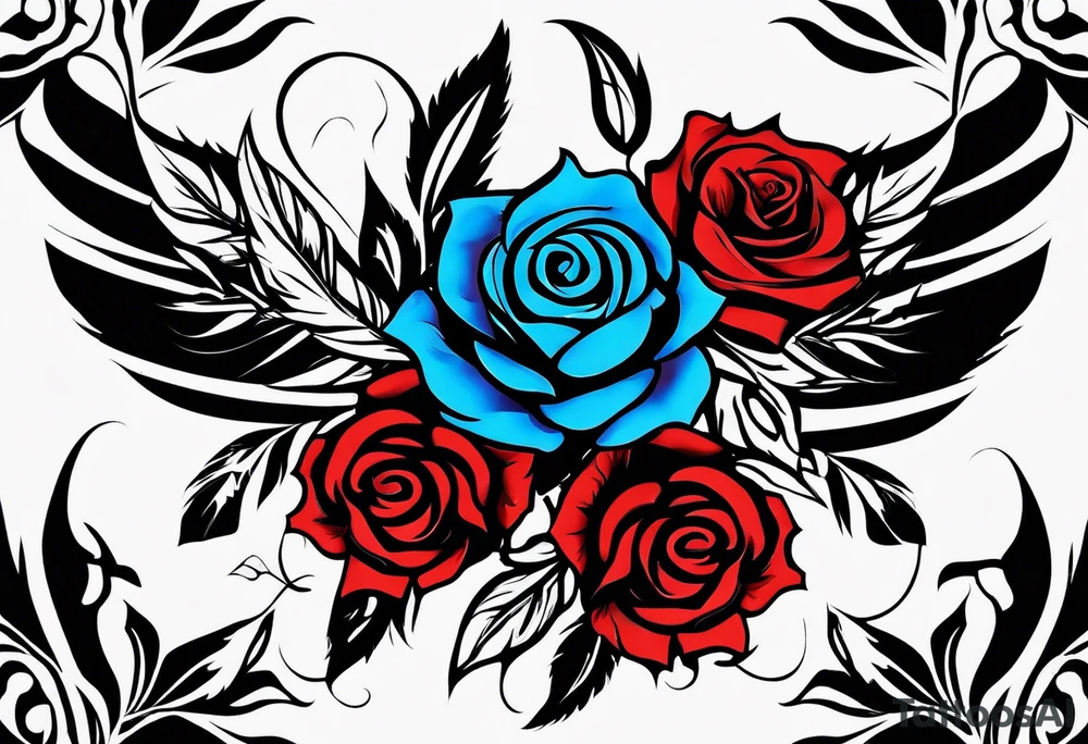Colored blue and red roses native American tattoo idea