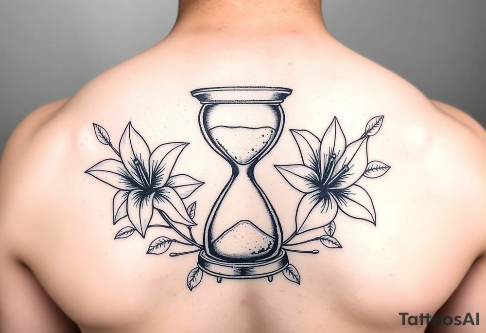 Hourglass and lillies, realistic, black and white tattoo idea