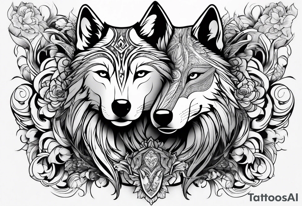 wolf's and woman's head split in half tattoo idea