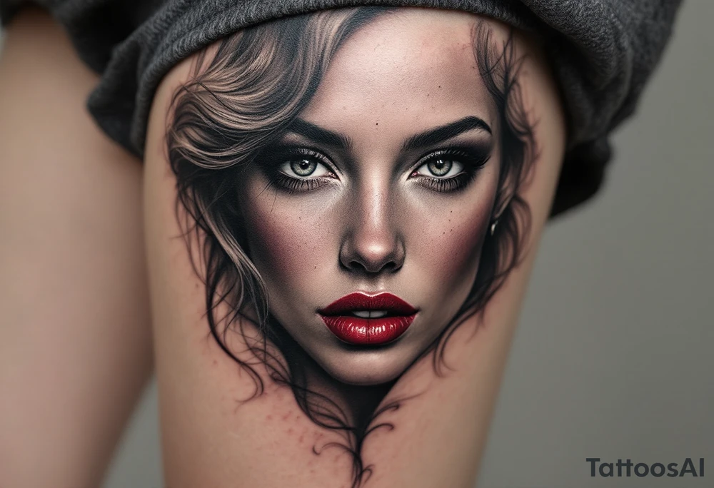 Classic black and grey portrait with only the beauty mark and lips in wine red. tattoo idea