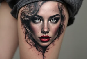 Classic black and grey portrait with only the beauty mark and lips in wine red. tattoo idea