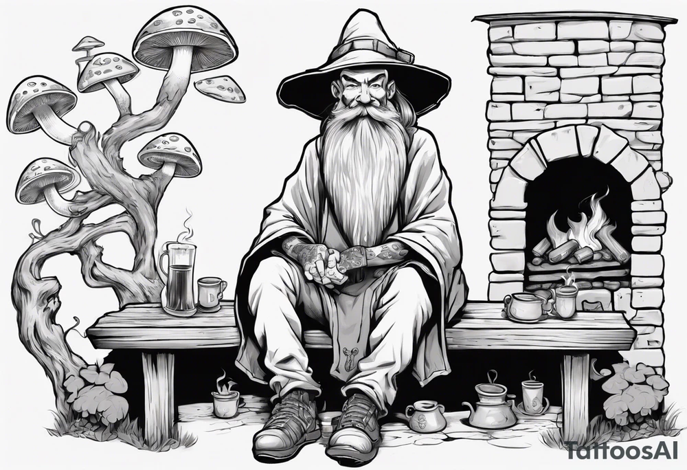 a medieval human-mushroom hybrid with a long grey beard wearing a tunic and a floppy hat sitting on a bench by a fireplace drinking from a wood cup, smiling tattoo idea