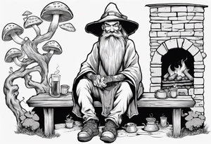 a medieval human-mushroom hybrid with a long grey beard wearing a tunic and a floppy hat sitting on a bench by a fireplace drinking from a wood cup, smiling tattoo idea