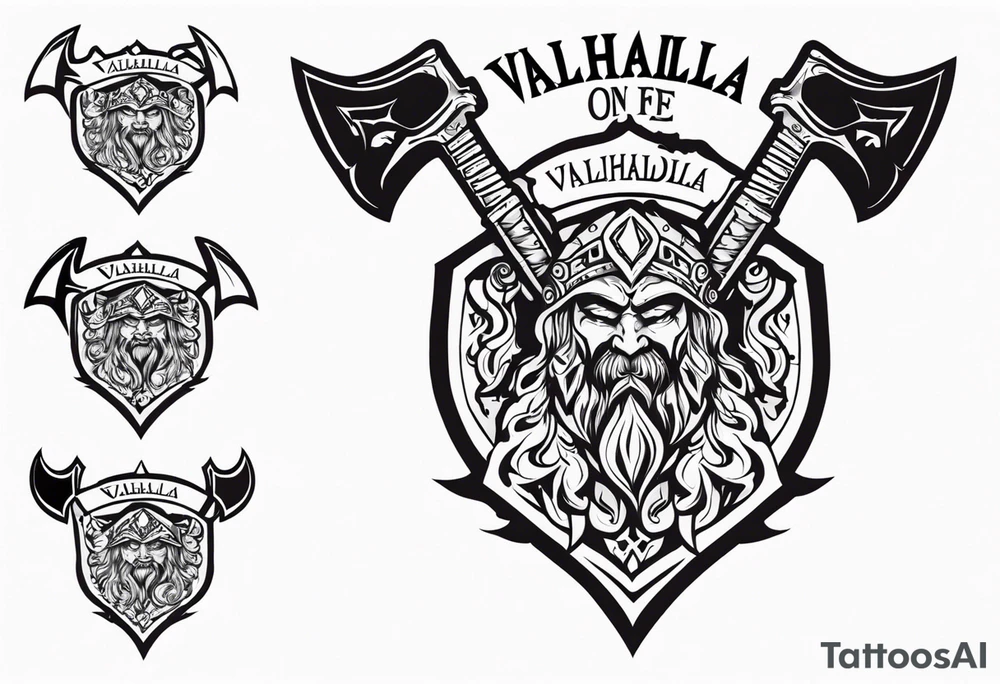 valhalla on fire sword shield axe warrior tattoo idea