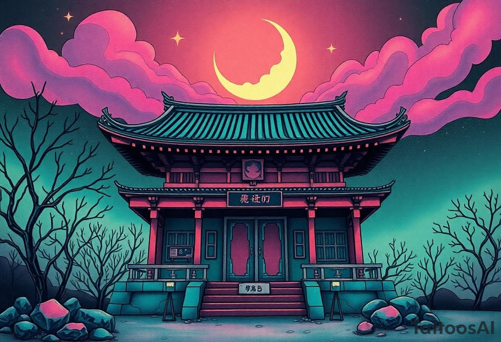 Tim Burton’s haunted pastel Tokyo shrine is abandoned and dripping with muted reds, dusty pinks, and eerie green glow.purple and cyan smokey clouds swirl in the crescent moonlit sky thats sprinkled with stars tattoo idea tattoo idea
