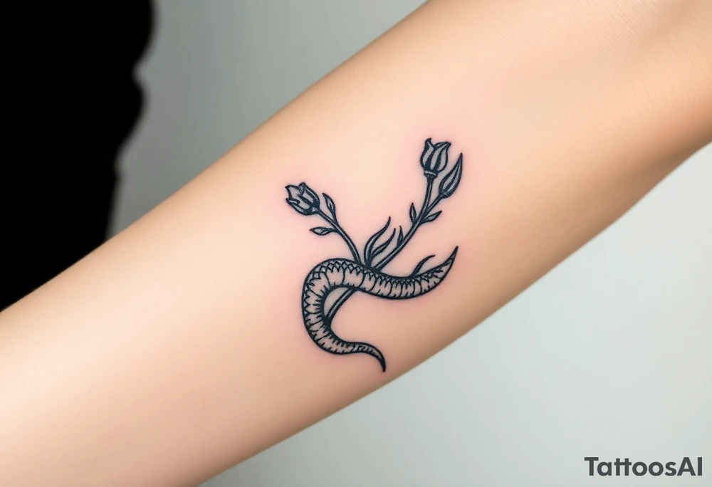 powerful majestic snake wrapped around rose stem tattoo idea