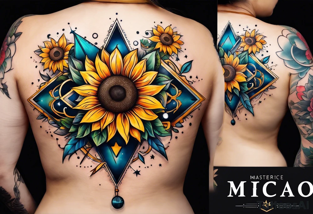 elegant tattoo design with sunflower surrounded by circle of little stars and arrow tattoo idea