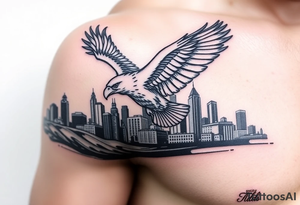 Philadelphia Eagle flying over Philadelphia city skyline faded with a Go Birds under it tattoo idea