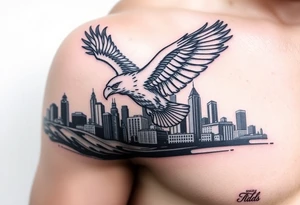 Philadelphia Eagle flying over Philadelphia city skyline faded with a Go Birds under it tattoo idea