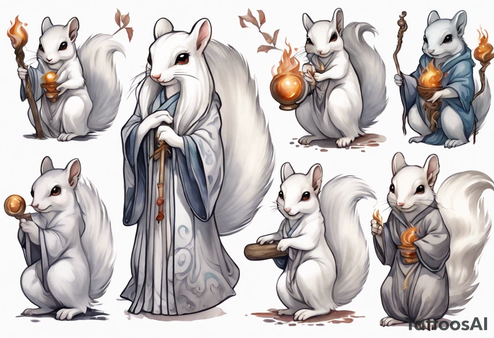 a white squirrel with long feminine hair and a grey robe, holding a sorceress staff tattoo idea