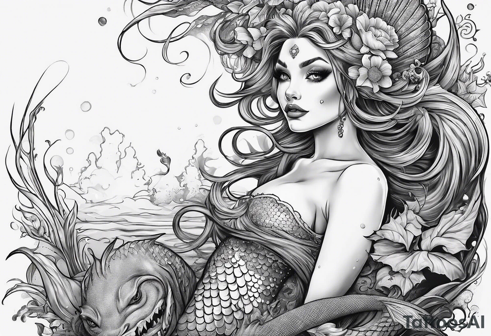 Swamp mermaid, ugly, creepy, undead hairless tattoo idea
