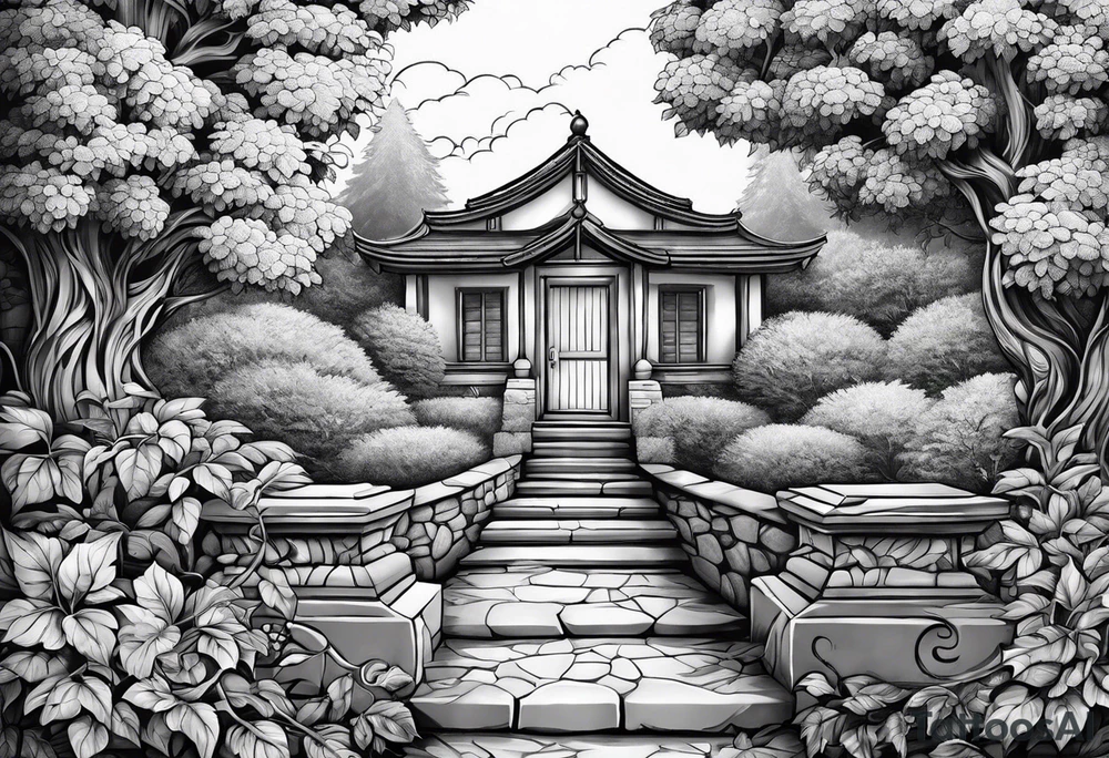 stone road over leafy vines tattoo idea